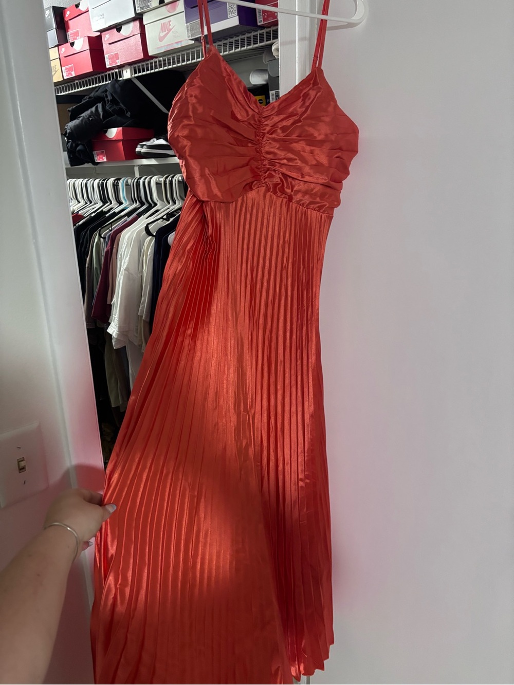 Orange Pleated Satin Dress with Spaghetti Straps